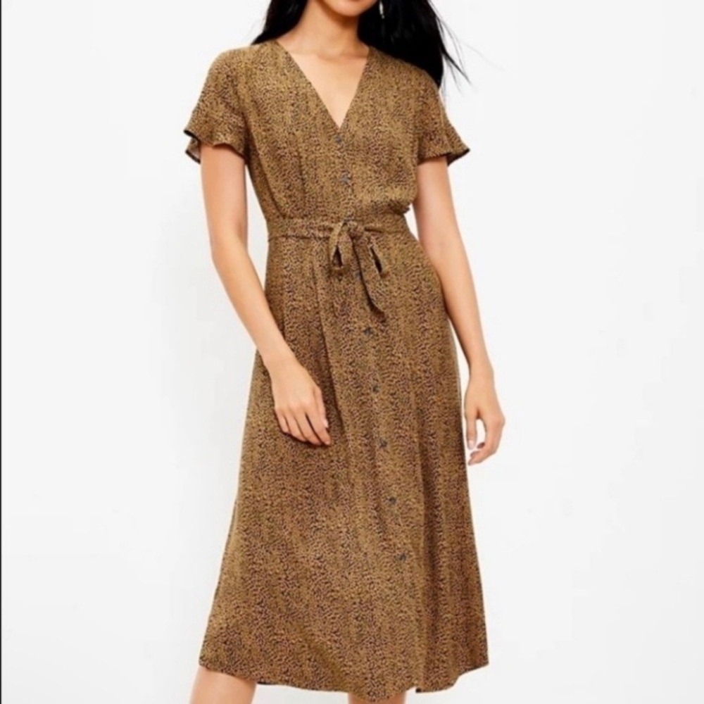 Loft Animal Print Dress Size 14 Tie Waist Buttons Down Shirt Midi Fall